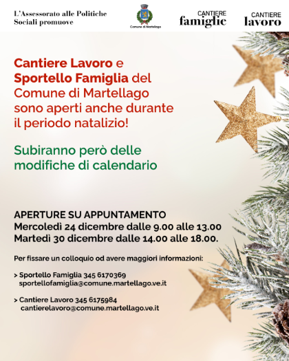 Modifiche orari di servizio Cantiere Lavoro e Sportello Famiglia periodo natalizio